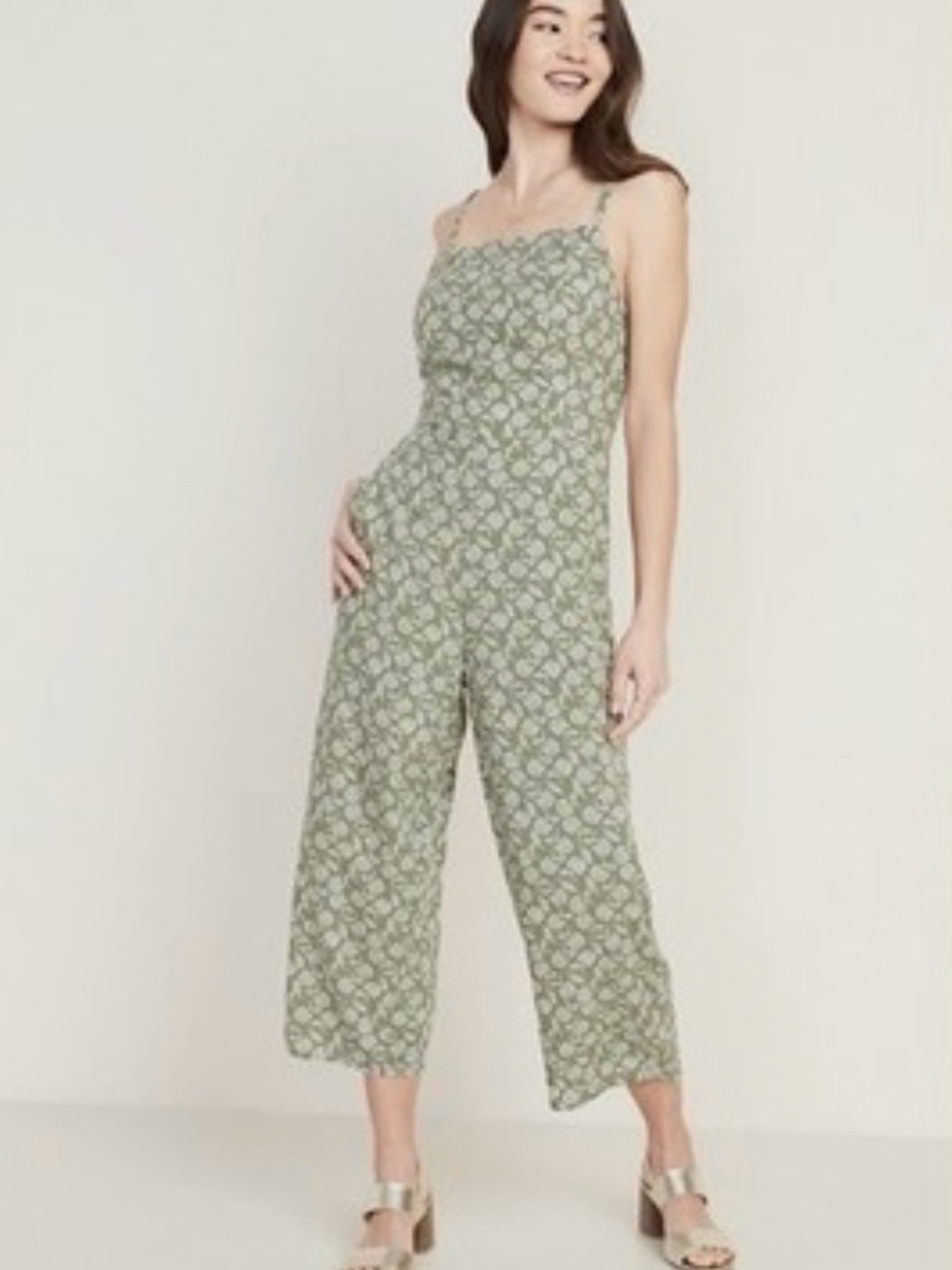 Old Navy Sage Green Floral Square-Neck Jumpsuit Petite Small